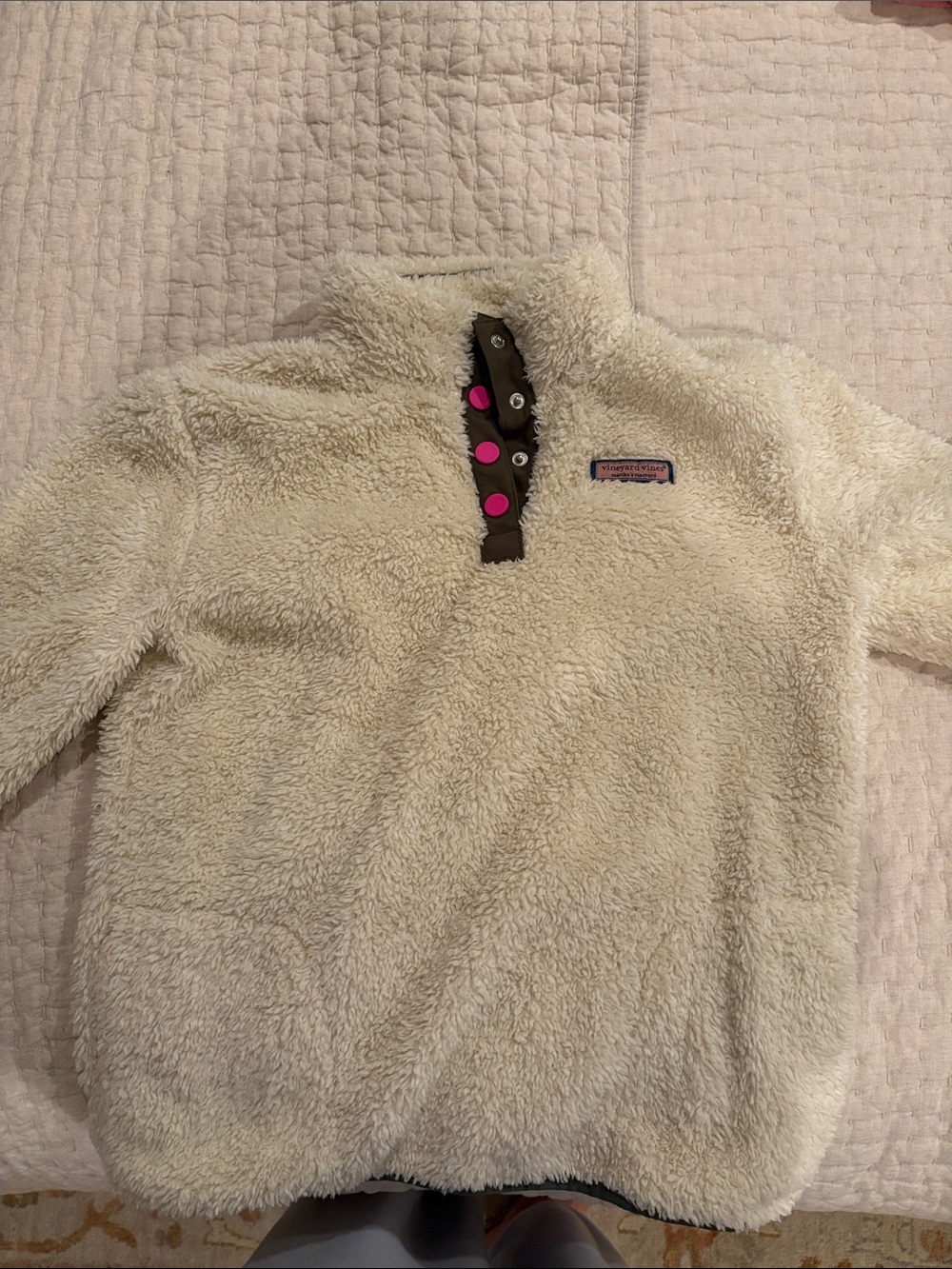 Vineyard Vines Cream Sherpa Pullover with Pink Snap Accents